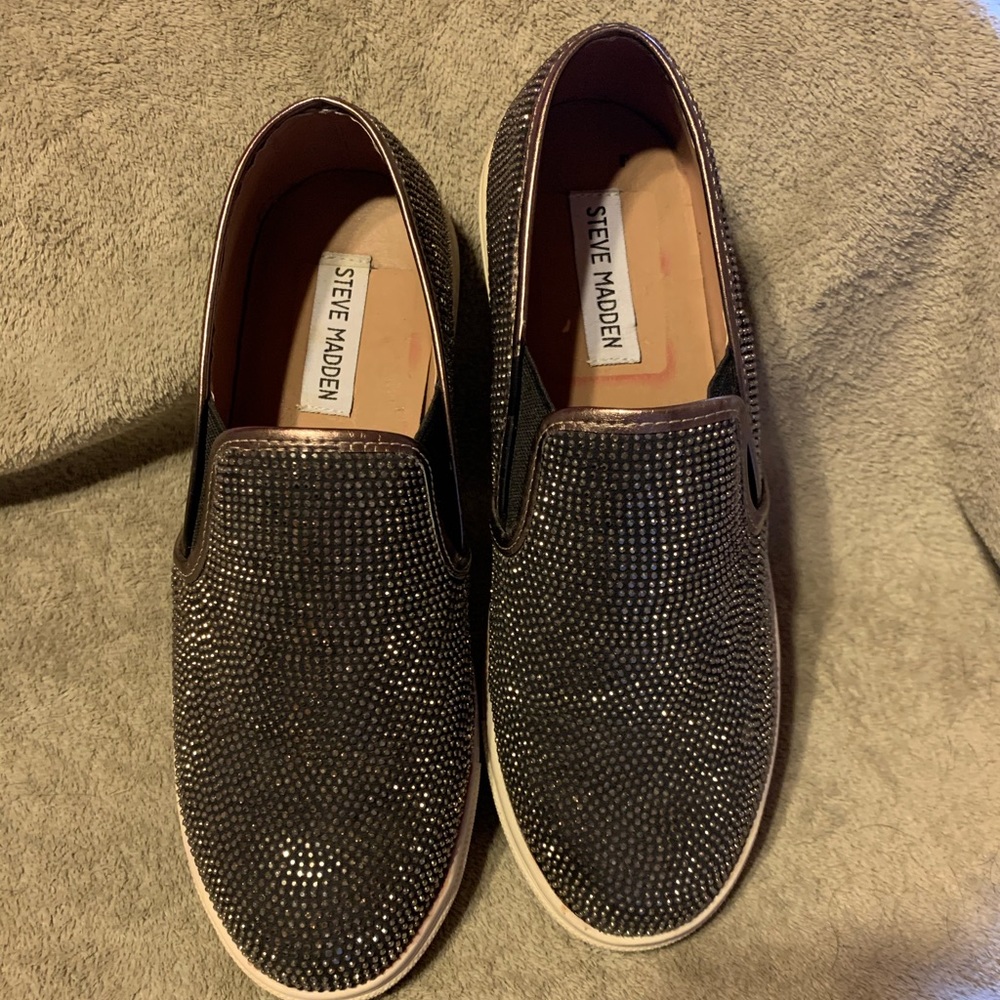 Steve Madden “Exsess” black rhinestone sneaker.